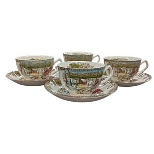 Set/4 Vintage Johnson Bros Friendly Village Ice House Cups Saucers Set 4 England